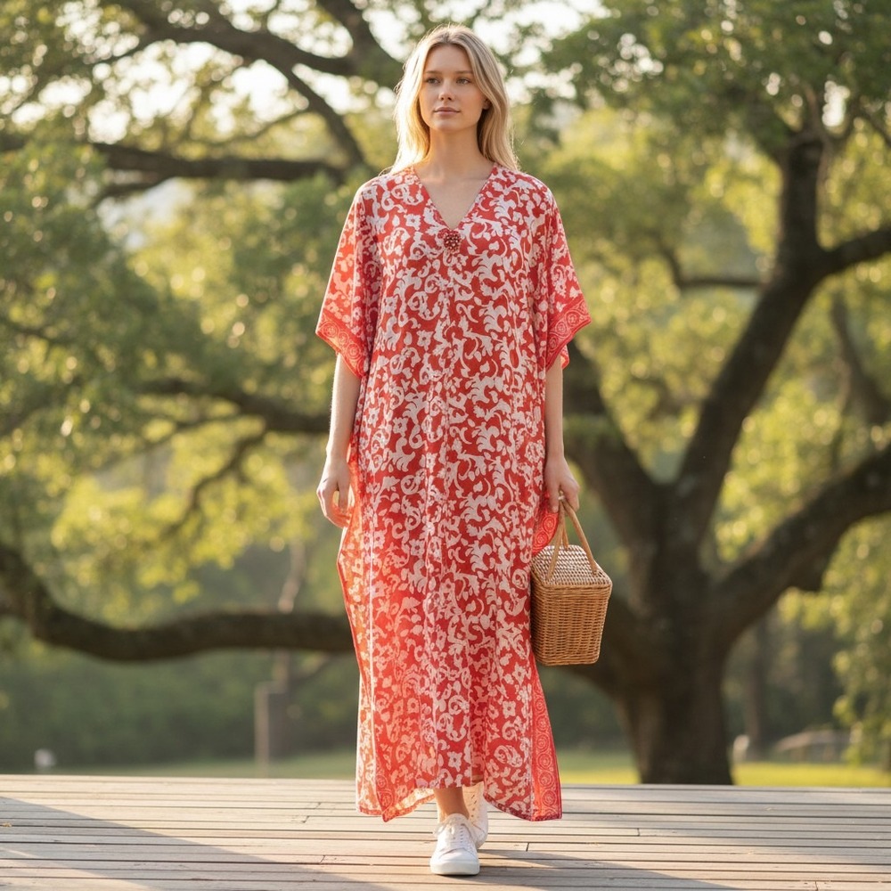 Joan Rivers Orange White Damask Jeweled V-Neck Kaftan Maxi Dress Womens PM